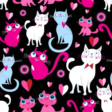 Kedileri sevenlerin komik, kusursuz, parlak şenlik düzeni. Sevgililer Günü için Duvar kağıdı ya da kumaş şablonu.