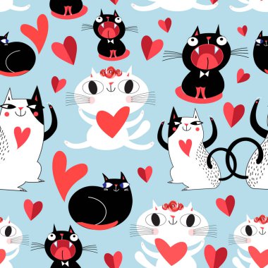 Kedileri sevenlerin komik, kusursuz, parlak şenlik düzeni. Sevgililer Günü için Duvar kağıdı ya da kumaş şablonu.