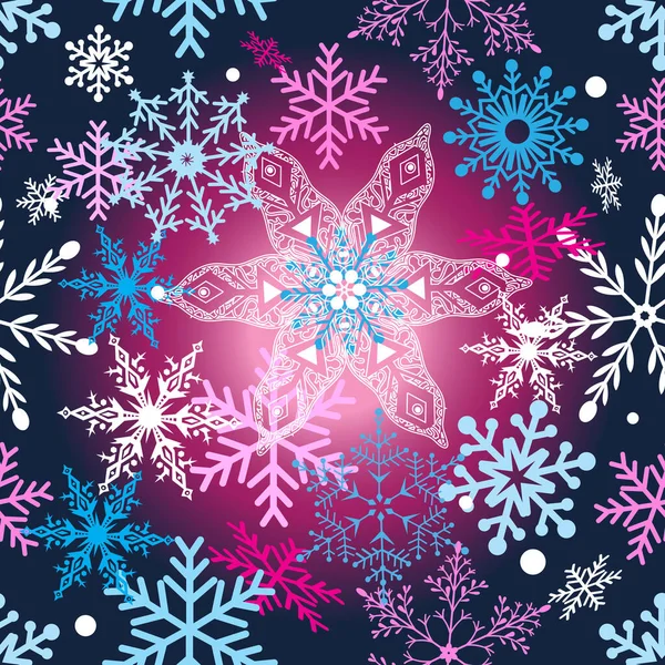 Seamless Festive New Year Pattern Multi Colored Snowflakes Blue Background — Stock Vector