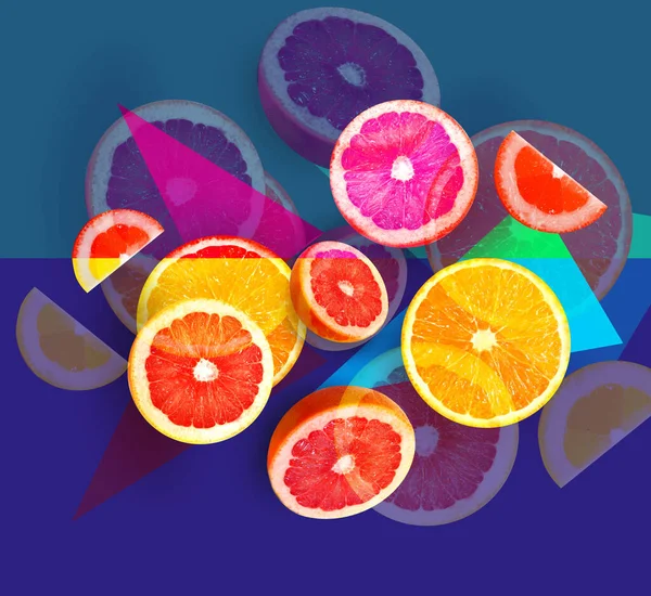 青の背景に明るいフルーツオレンジとグレープフルーツのマクロセット 果物の設計又は包装の例 — ストック写真