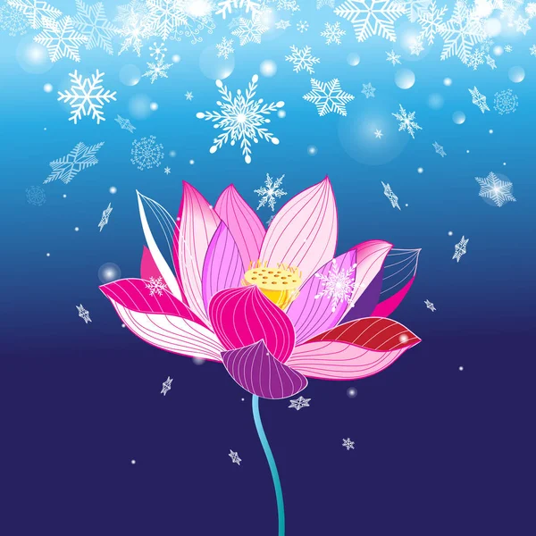 Festive Vector New Year Card Lotus Flower Snowflakes Blue Lovely — Stock Vector