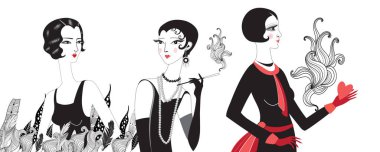 Beyaz arka planda retro kızların güzel portrelerinin vektör çizimi. Tasarım ve web sitesi için güzel kızlar