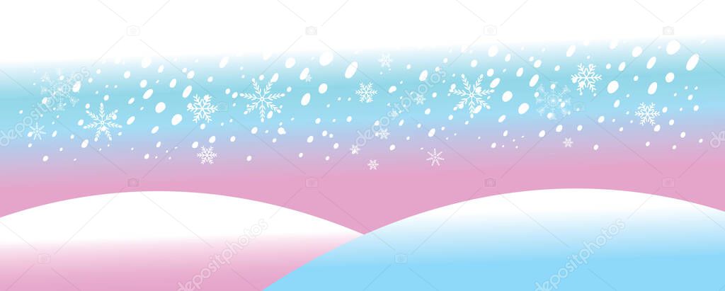 Vector illustration of winter background with snowdrifts and snowflakes. An example of a beautiful winter background with snow for a postcard or website design.