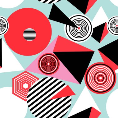 Geometrik nesnelerin ve şekillerin soyut ve kusursuz desenleri. Duvar kağıdı veya kumaş için bir tasarım örneği