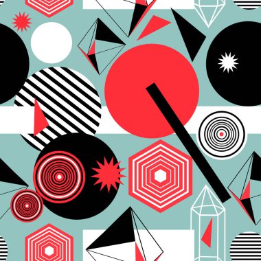 Geometrik nesnelerin ve şekillerin soyut ve kusursuz desenleri. Duvar kağıdı veya kumaş için bir tasarım örneği