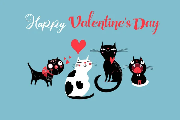 Festive Valentines Cats Love Blue Background Vector Cats Love Valentine — Stock Vector