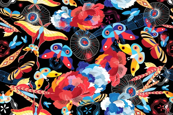 Patrón Multicolor Sin Costuras Flores Mariposas Sobre Fondo Oscuro Ejemplo — Archivo Imágenes Vectoriales