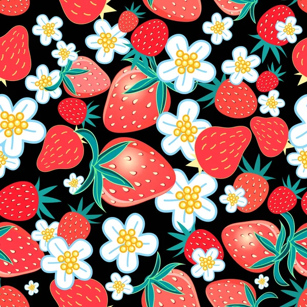 无缝隙的五彩斑斓的草莓和花朵在黑暗的背景下 包装和广告用草莓图案的例子 — 图库矢量图片