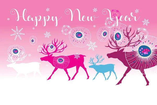 节庆新年贺卡 背景浅薄 雪片铺满驯鹿 圣诞及新年假期卡片的例子 — 图库矢量图片