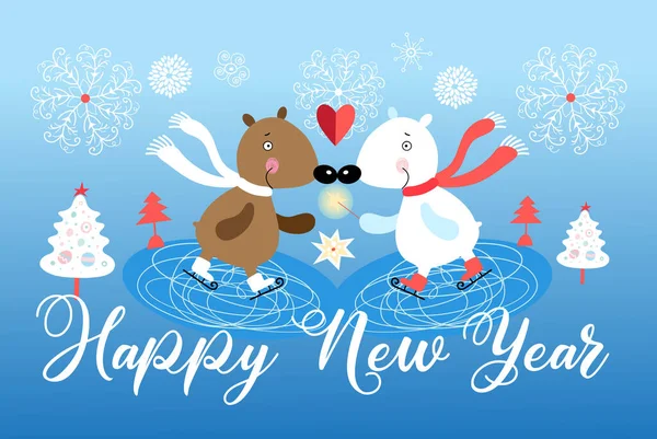 Tarjeta Festiva Año Nuevo Con Osos Cariñosos Sobre Fondo Azul — Archivo Imágenes Vectoriales