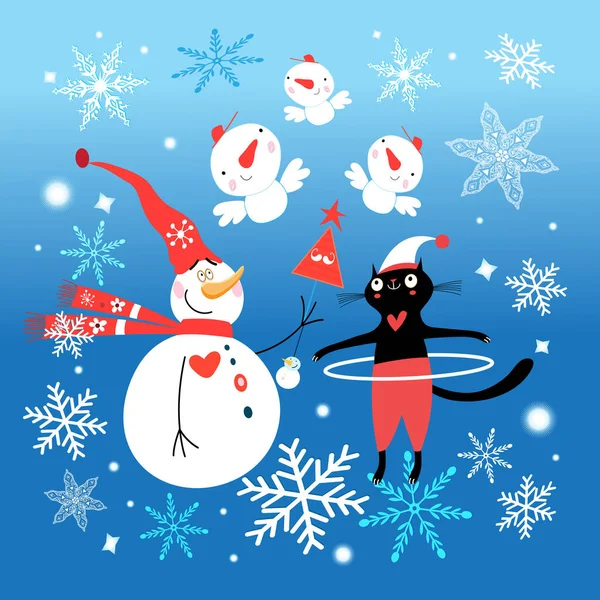 Slavnostní Novoroční Přání Legračními Sněhuláky Kočkou Modrém Pozadí Sněhovými Vločkami — Stockový vektor