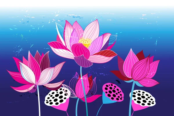 Beautiful Natural Illustration Pink Lotuses Blue Background — Stock Vector