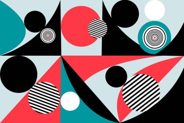 Çeşitli ilginç nesnelerin ve şekillerin soyut parlak geometrik arkaplanı. Şekil geometrisinin soyutlanmasına örnek tasarım