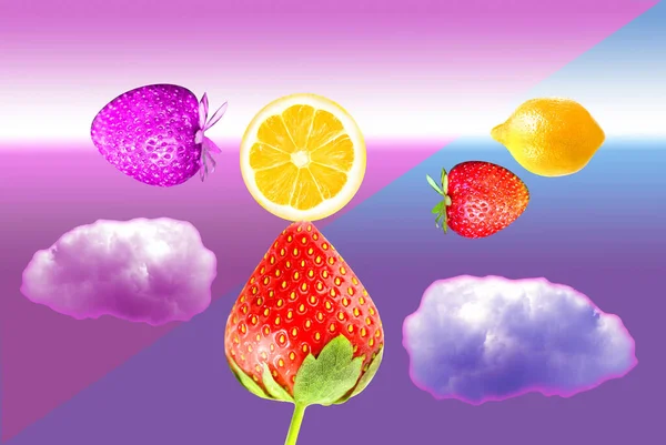 Photos Large Strawberries Lemon Clouds Packaging Advertising — Stock Photo, Image