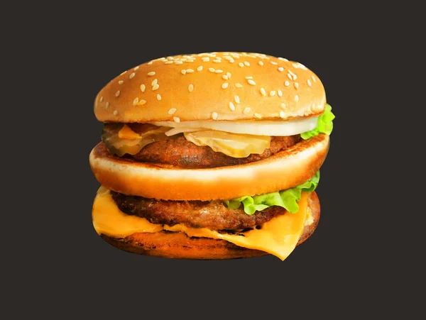 Foto Una Deliciosa Hamburguesa Aislada Sobre Fondo Oscuro Ejemplo Hamburguesa — Foto de Stock