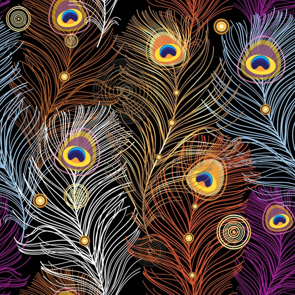Modèle lumineux sans couture de différentes plumes de paon dorées — Image vectorielle