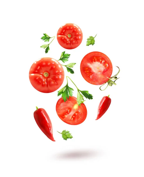 Zdjęcie Jasne Pomidory Pietruszka Białym Tle Przykład Reklamy Soku Pomidorowego — Zdjęcie stockowe