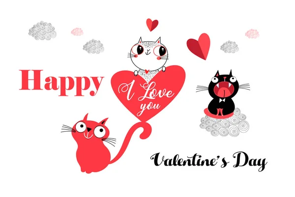 고양이들은 배경에 사랑하는 사람들의 휴일을 고양이 발렌타인 카드로 카드의 — 스톡 벡터
