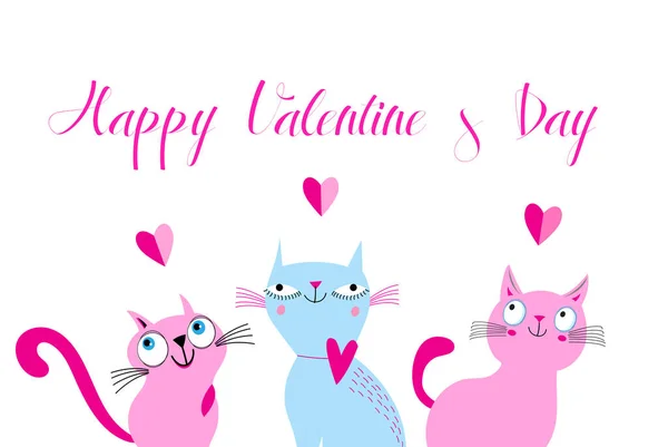 白い背景のすべての恋人の休日のための愛の猫 猫バレンタインの楽しいグリーティングカードの例 — ストックベクタ