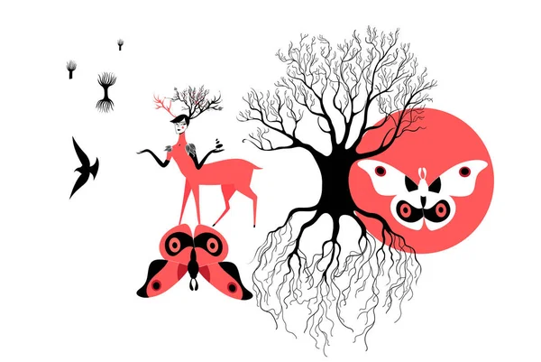 Fabulous Forest Trees Female Deer White Background Example Fairy Tale — Stock Vector