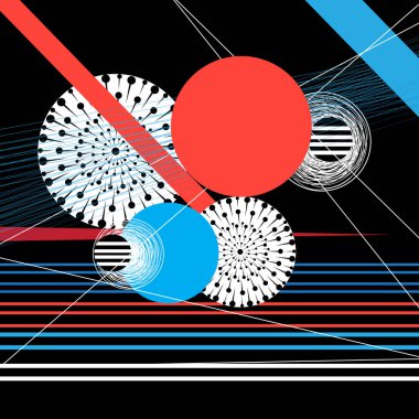 Geometrik nesnelerin soyut çok renkli arkaplanı. Bir web sitesi veya poster tasarımı için farklı geometrik şekillerden olağandışı bir soyutlama örneği