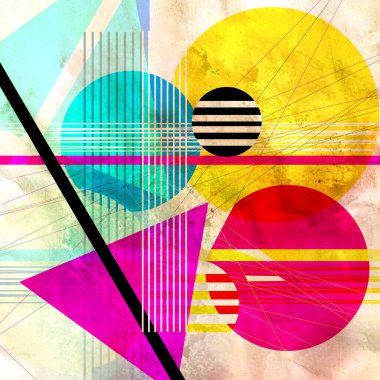 Parlak nesnelerle soyut geometrik suluboya arka plan. Web sitesi veya kapak için örnek tasarımı