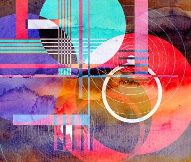 Parlak nesnelerle soyut geometrik suluboya arka plan. Web sitesi veya kapak için örnek tasarımı