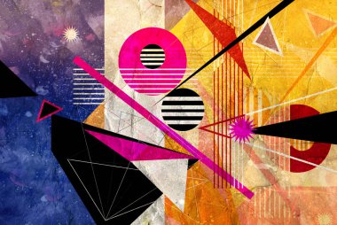 Parlak nesnelerle soyut geometrik suluboya arka plan. Web sitesi veya kapak için örnek tasarımı