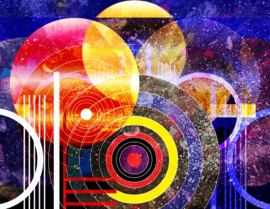 Parlak nesnelerle soyut geometrik suluboya arka plan. Web sitesi veya kapak için örnek tasarımı