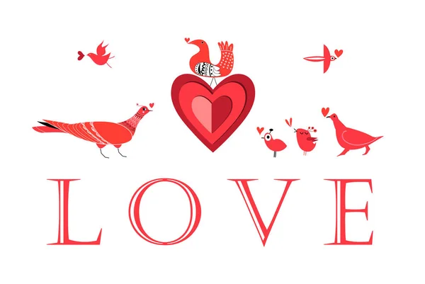 Aves de amor gráficas con corazones — Vector de stock