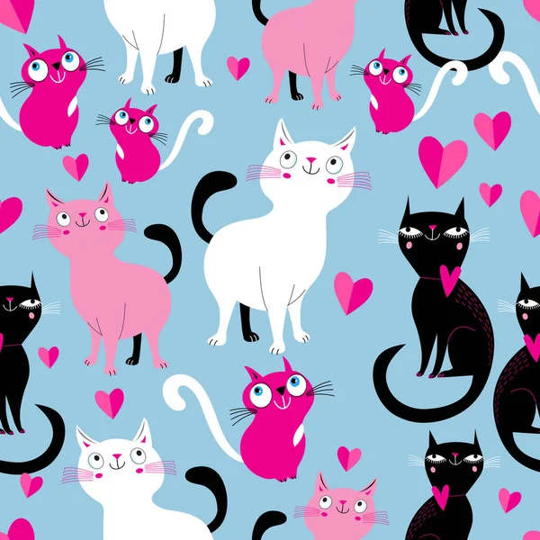 Funny Seamless Bright Festive Pattern Lovers Cats Template Wallpaper Fabric — Stock Vector