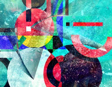 Parlak nesnelerle soyut geometrik suluboya arka plan. Web sitesi veya kapak için örnek tasarımı