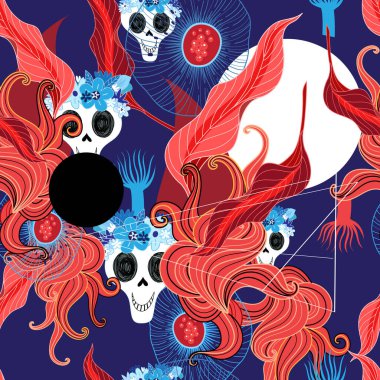 Karanlık bir arka planda Cadılar Bayramı için bitkilerin ve kafataslarının kusursuz tasarımı. Bir dergi veya duvar kağıdı için örnek