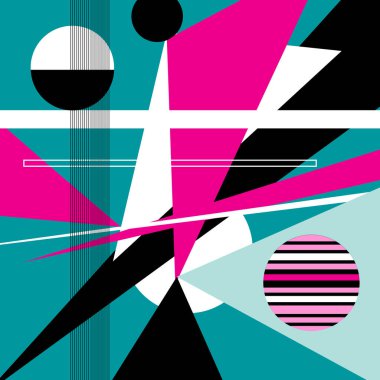 Geometrik nesnelerin soyut çok renkli arkaplanı. Bir web sitesi veya poster tasarımı için farklı geometrik şekillerden olağandışı bir soyutlama örneği