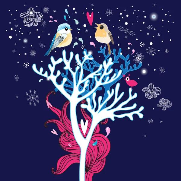Kartu musim dingin dengan burung jatuh cinta di pohon-pohon - Stok Vektor