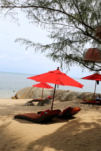 Belas guarda-chuvas de praia e vermelho — Fotografia de Stock