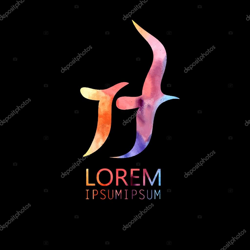 Beautiful color sign of seagulls on a black background, symbol, logo editing, creative templat