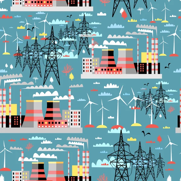 Patrón de centrales térmicas y eólicas y líneas eléctricas — Archivo Imágenes Vectoriales