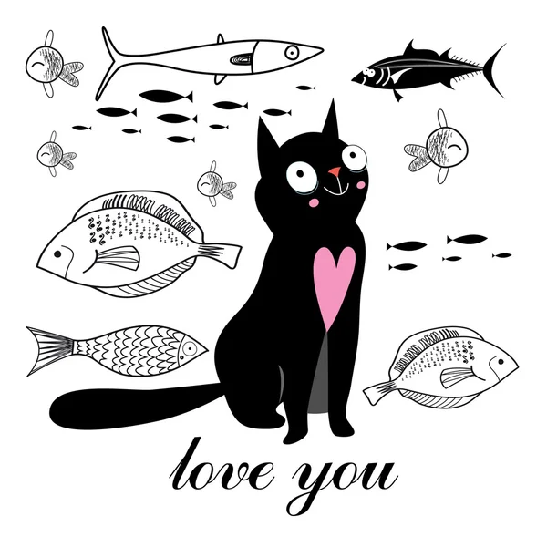 Gráficos gato y pescado — Archivo Imágenes Vectoriales