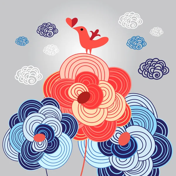 Amour avec oiseau sur les fleurs — Image vectorielle