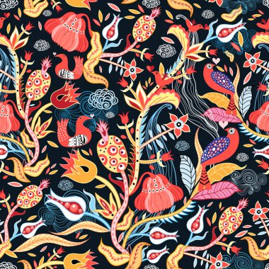 kuşlar ile parlak çiçek desenli