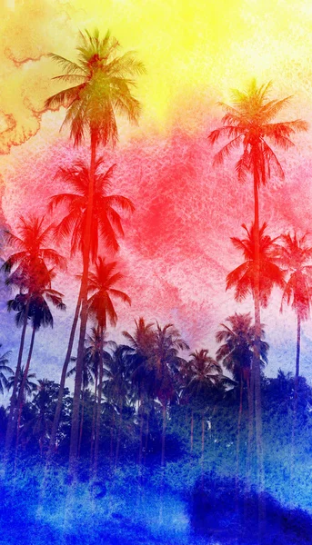Suluboya ve palmiye ağaçlarının silhouettes — Stok fotoğraf