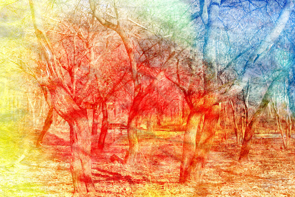 Beautiful watercolor colorful retro trees in spring