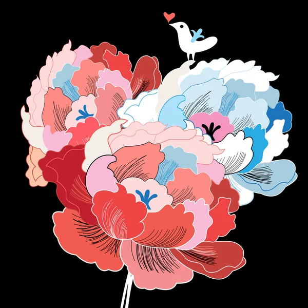 Flores brillantes y pájaro enamorado — Archivo Imágenes Vectoriales