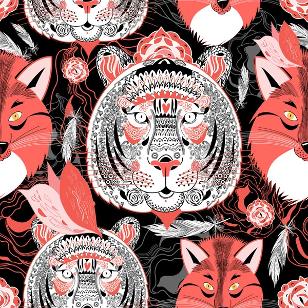 Belos retratos padrão de tigres e raposas — Vetor de Stock