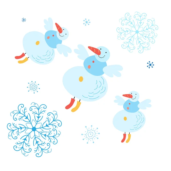 Hermoso muñeco de nieve con copos de nieve — Vector de stock