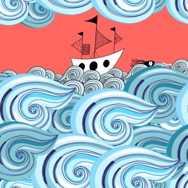dalgalar ve gemi grafik desen