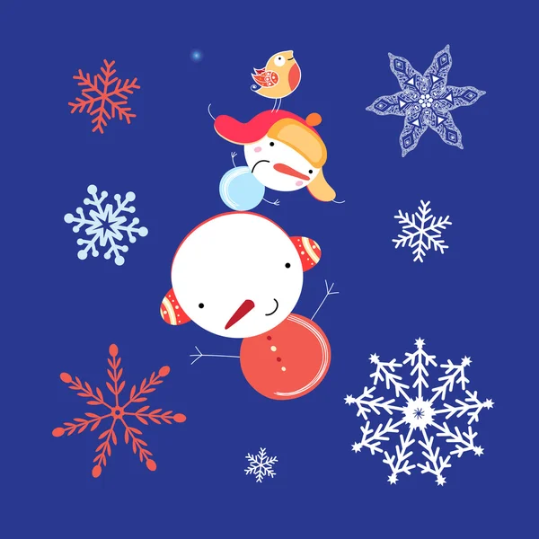 Hermoso muñeco de nieve con copos de nieve — Vector de stock