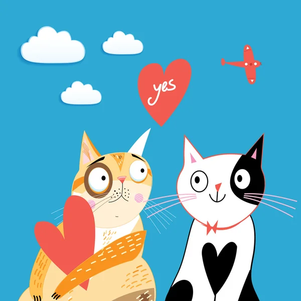 Amor gatos y corazón — Vector de stock