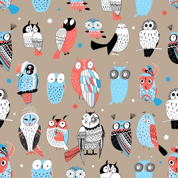 Exotic pattern with different owls — Stock Vector